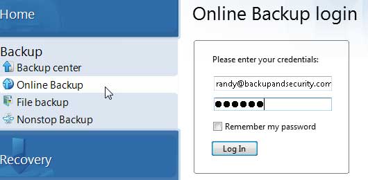Acronis Online Backup Login Screen