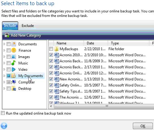 Select Items to Backup