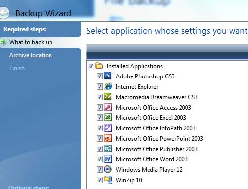 Select the Application to Backup the Settings